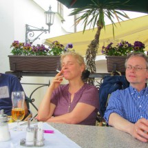 Alfred's brother Elmar with their sister Claudia and her husband Guntram enjoying the beer of Cesky Krumlov